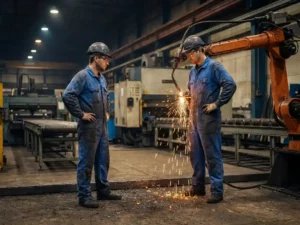 Ingenieur in blauwe overall en veiligheidsbril observeert robotarm die metaal last op industriële productielijn, vonken spatten op donkere fabriekshal.