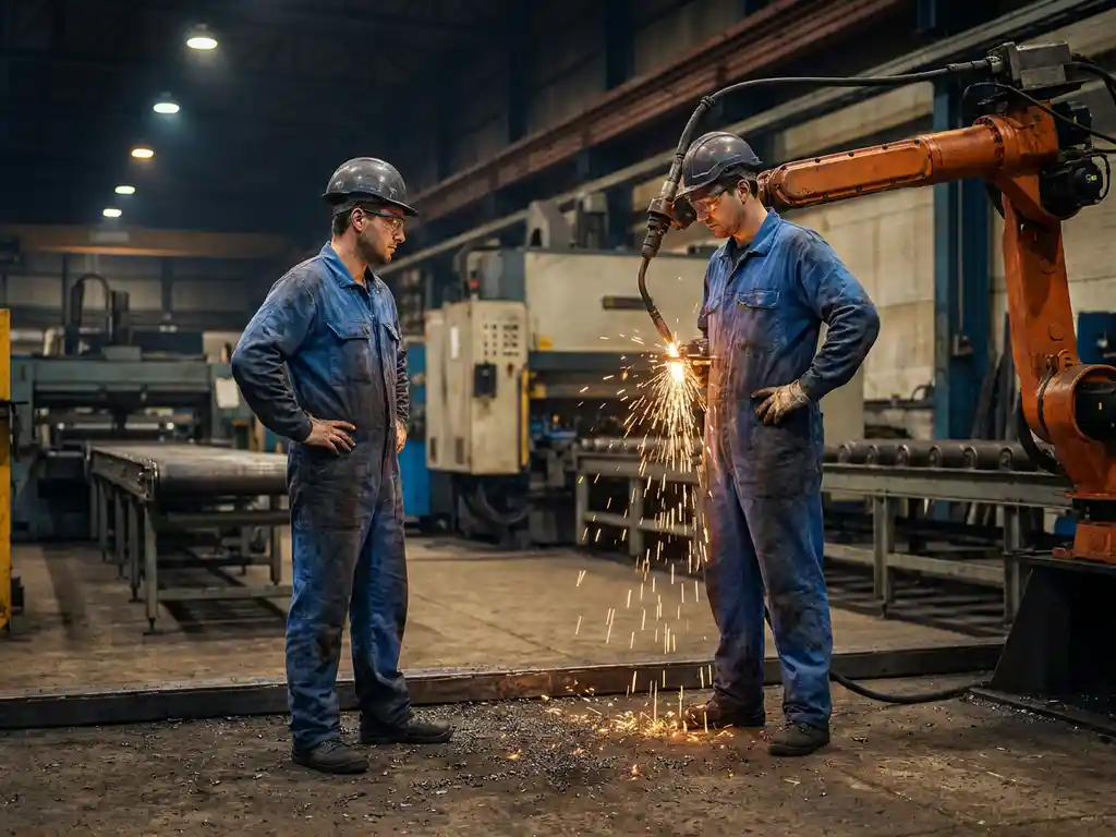 Ingenieur in blauwe overall en veiligheidsbril observeert robotarm die metaal last op industriële productielijn, vonken spatten op donkere fabriekshal.
