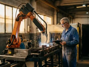 Senior ingenieur in blauwe overall inspecteert robotarm op productielijn, klembord in hand, vonken op de achtergrond.
