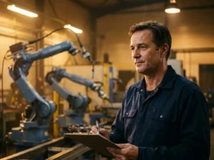 Datasar-automatiseringsingenieur in blauwe overall met klembord, terwijl robotarmen zelfstandig doorwerken op productielijn.