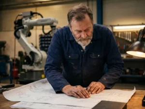 Ervaren ingenieur in blauwe overall bestudeert technische schema's op werkbank in moderne fabriek, robotarm op achtergrond.