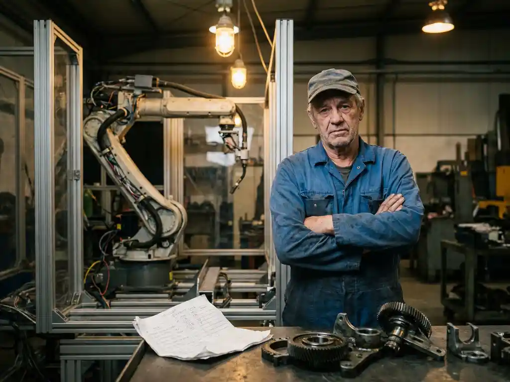 Ervaren ingenieur in blauwe overall staat met gekruiste armen voor een onvolledig geassembleerde robotcel met verkeerd uitgelijnde componenten.