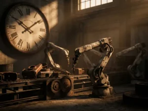 Stilstaande robotarm op industriële transportband met grote wandklok die schaduw werpt over stoffige, ongebruikte machines.