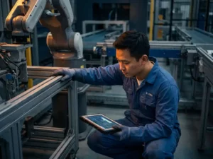 Veldingenieur in blauwe overall naast robotarm in fabriek, bestudeert live sensordata op tablet bij warme taaklamp.