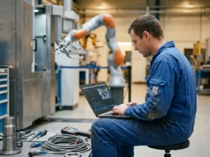 Veldservicetechnicus in blauwe overall bedient laptop terwijl collaboratieve robotarm wordt gekalibreerd in moderne fabriekshal.