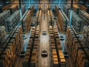 Autonome mobiele robots rijden door brede magazijnpaden tussen metalen rekken vol kartonnen dozen, luchtzicht.