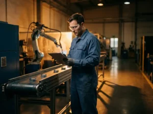 Mannelijke ingenieur in blauwe overall en veiligheidsbril bestudeert klembord naast lopende band met metalen onderdelen in fabriek.