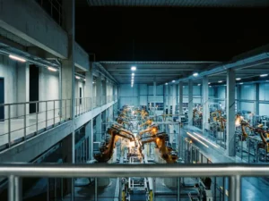 Moderne productiefaciliteit met robotarmen op assemblagelijnen, gezien vanaf een mezzanine loopbrug in staalblauwe industriële verlichting.