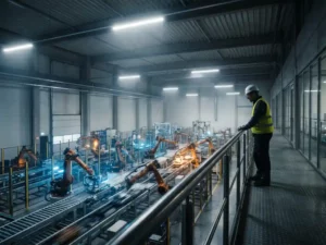 Ingenieur observeert robotarmen op assemblagelijnen in een moderne, grootschalige productiefaciliteit vanuit een mezzanine loopbrug.