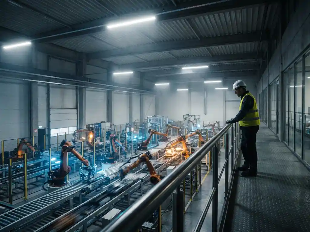 Ingenieur observeert robotarmen op assemblagelijnen in een moderne, grootschalige productiefaciliteit vanuit een mezzanine loopbrug.