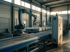 Stilstaande productielijn met bevroren robotarm, opgestapelde producten en amberkleurig waarschuwingslicht in een industriële fabriek.