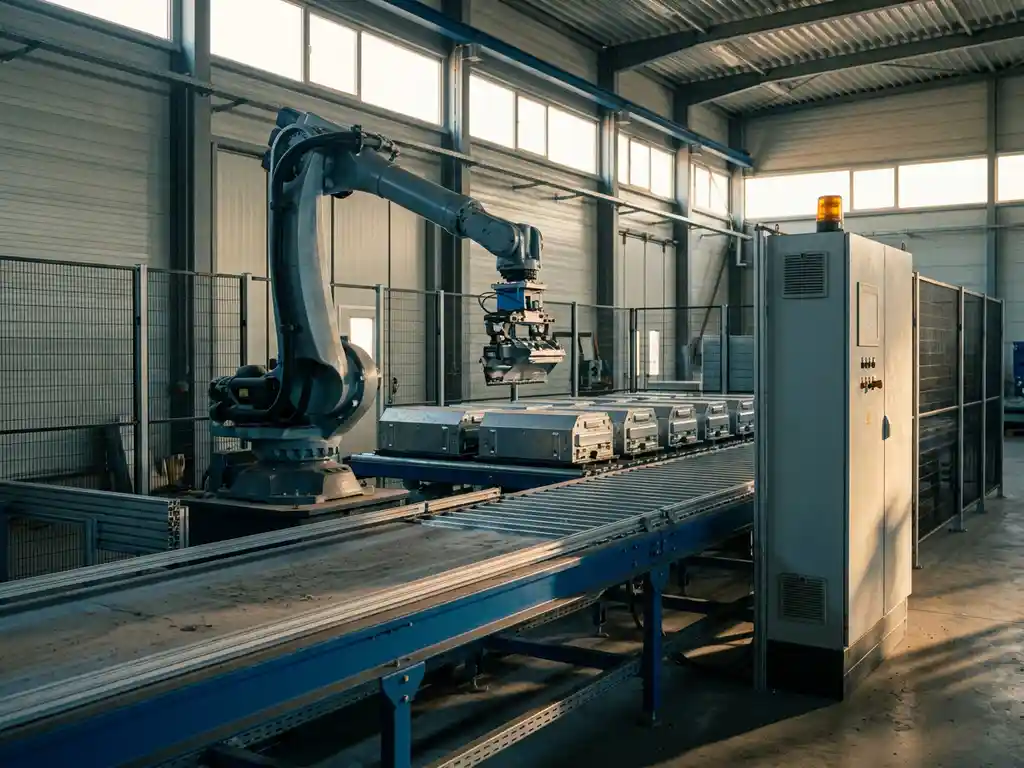 Stilstaande productielijn met bevroren robotarm, opgestapelde producten en amberkleurig waarschuwingslicht in een industriële fabriek.