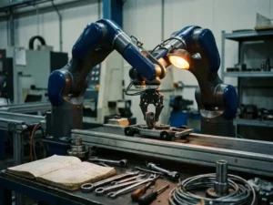 Gelede robotarm assembleert metalen onderdelen op fabrieksband, omgeven door gereedschap en reserveonderdelen op stalen werkbank.