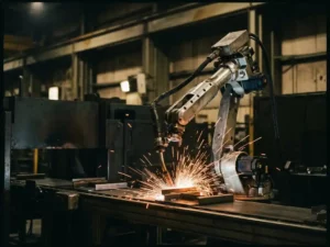 Gelede robotarm last metaalonderdelen op een fabriekslijn, met oranje vonken tegen een donkere industriële achtergrond.