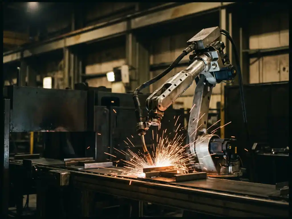 Gelede robotarm last metaalonderdelen op een fabriekslijn, met oranje vonken tegen een donkere industriële achtergrond.