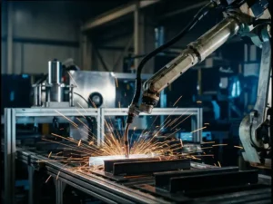 Industriële robotarm last metaalonderdelen op een transportband, met oranje vonken tegen een donkere fabrieksachtergrond.