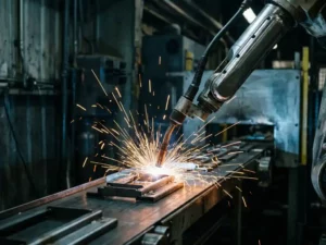 Robotarm last metaalonderdelen op fabrieksband, oranje vonken spatten tegen donkere industriële achtergrond.