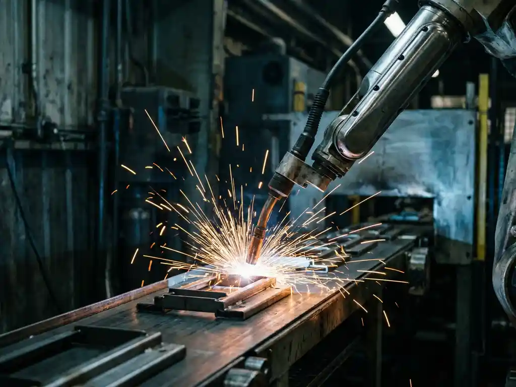 Robotarm last metaalonderdelen op fabrieksband, oranje vonken spatten tegen donkere industriële achtergrond.