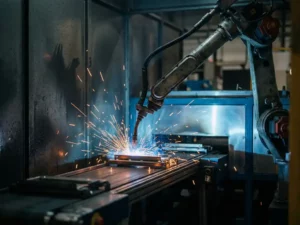 Robotarm last metaalonderdelen op een fabriekslijn, met oranje vonken tegen een donkere industriële achtergrond.