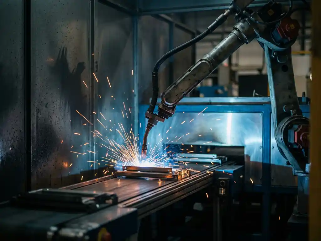 Robotarm last metaalonderdelen op een fabriekslijn, met oranje vonken tegen een donkere industriële achtergrond.