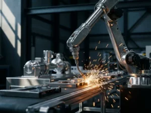 Industriële robotarm last metaalonderdelen op een lopende band, met vonken die oplichten tegen een donkere fabrieksachtergrond.