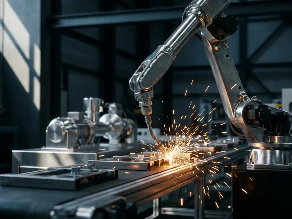 Industriële robotarm last metaalonderdelen op een lopende band, met vonken die oplichten tegen een donkere fabrieksachtergrond.