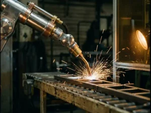 Industriële robotarm last metaalonderdelen op een lopende band, met gouden vonken tegen een donkere fabrieksachtergrond.