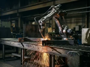 Industriële robotarm last metaalonderdelen op een lopende band, met oranje vonken tegen een donkere fabrieksachtergrond.