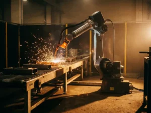 Industriële robotarm last metaalonderdelen op lopende band, met oranje vonken tegen donkere fabrieksachtergrond.