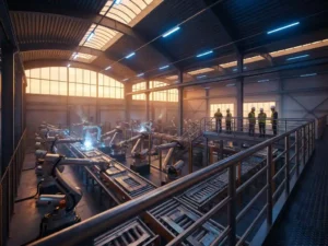 Moderne productiefaciliteit met robotarmen op transportlijnen, gezien vanaf een loopbrug, arbeiders op de achtergrond, cinematisch industrieel licht.