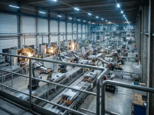 Moderne productiefaciliteit met robotarmen op lopende banden, gezien vanaf een mezzanine, blauwe verlichting met gouden lassparken.