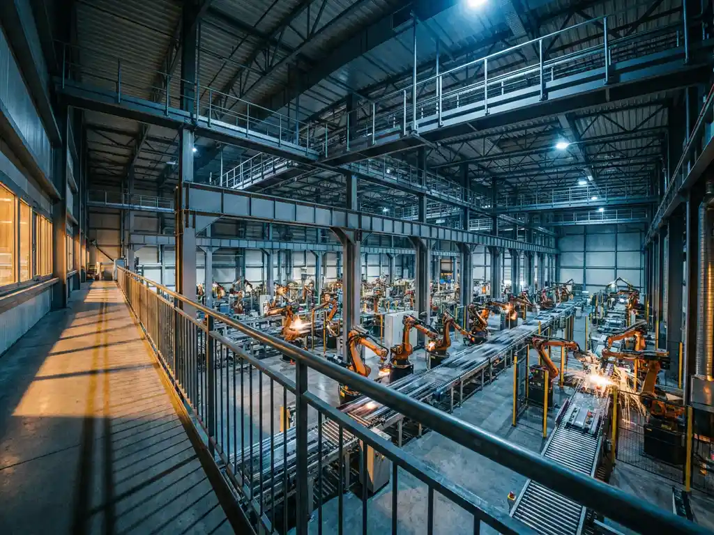 Moderne productiefaciliteit met robotarmen en geautomatiseerde transportbanden, gefotografeerd vanaf een mezzanine in staalblauwe en amberkleurige belichting.