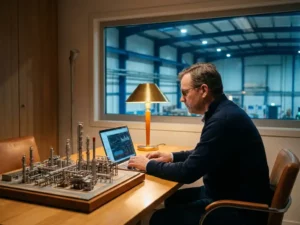 Belgische ingenieur bekijkt productiedata op laptop naast schaalmodel van industriële installatie, warm bureaulamp en fabrieksomgeving op achtergrond.