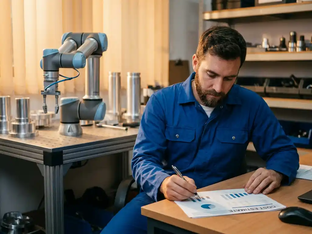 Mannelijke ingenieur in blauwe overall bestudeert kostenraming naast een collaboratieve robotarm in een werkplaats.