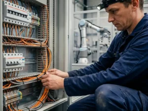 Elektricien in blauwe overall bedrading door industrieel schakelkast, koperen kabels en installatieautomaten zichtbaar, cobot-arm op achtergrond.