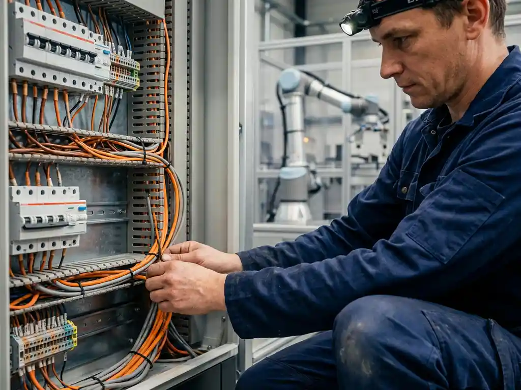 Elektricien in blauwe overall bedrading door industrieel schakelkast, koperen kabels en installatieautomaten zichtbaar, cobot-arm op achtergrond.