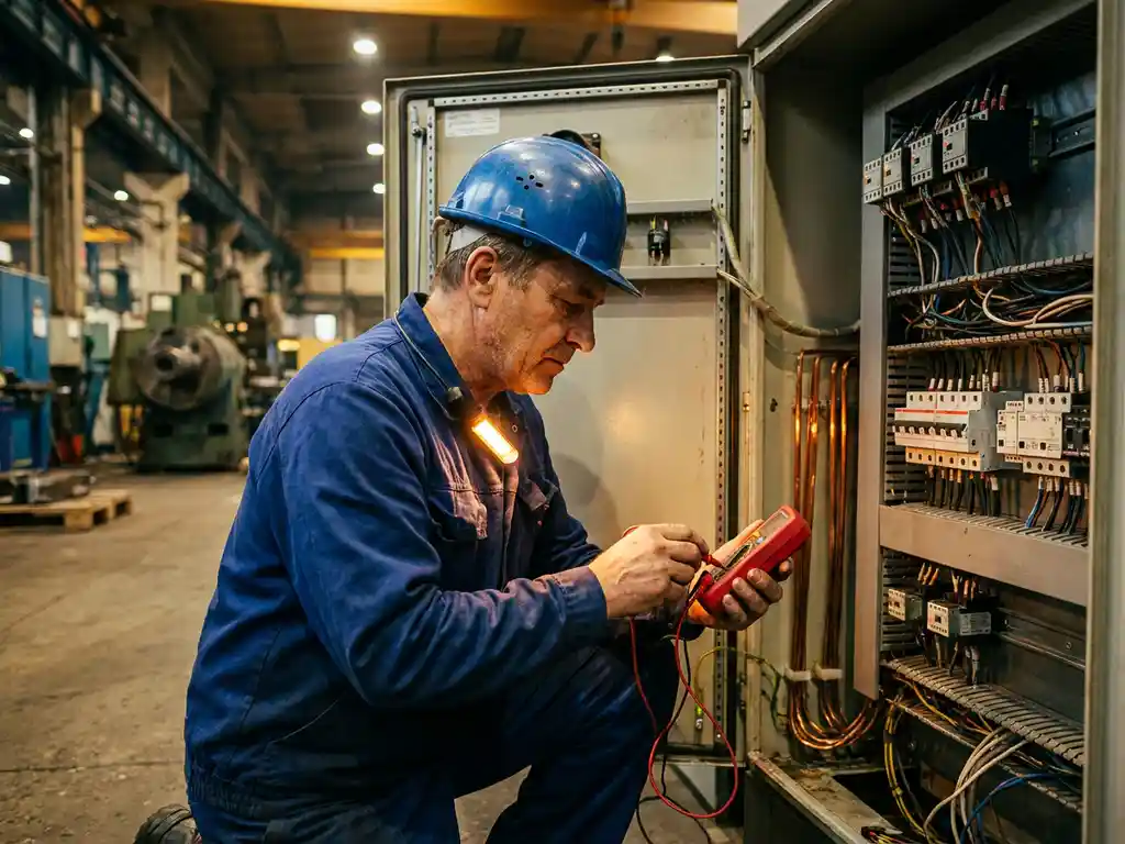 Elektricien in blauwe overall inspecteert bedrading en stroomonderbrekers in industrieel schakelkast met multimeter.