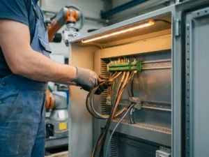 Elektricien in blauwe overall bekabelt industriële schakelkast van een maatwerk automatiseringsmachine, met koperen kabels en klemmenblokken op de voorgrond.