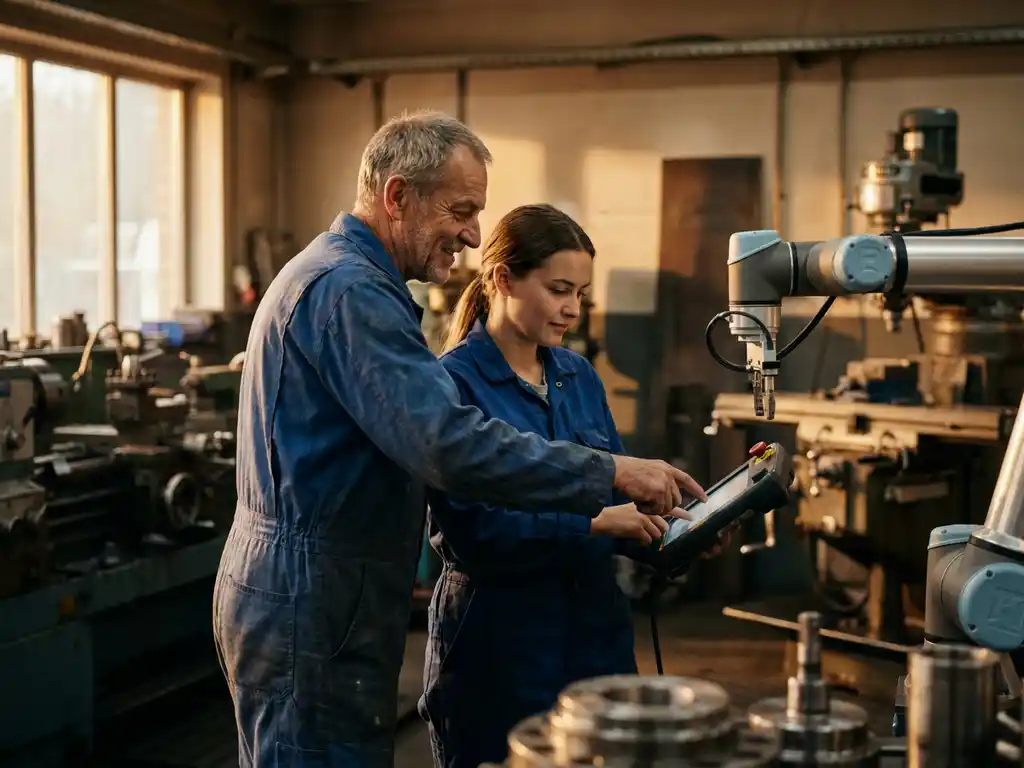 Ervaren ingenieur in blauwe overall begeleidt junior collega bij bediening van collaboratieve robotarm in verlicht industrieel atelier.