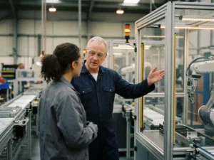 Ervaren ingenieur in blauwe overall en veiligheidsbril overlegt met jongere collega bij industriële robotcel op fabrieksvloer.