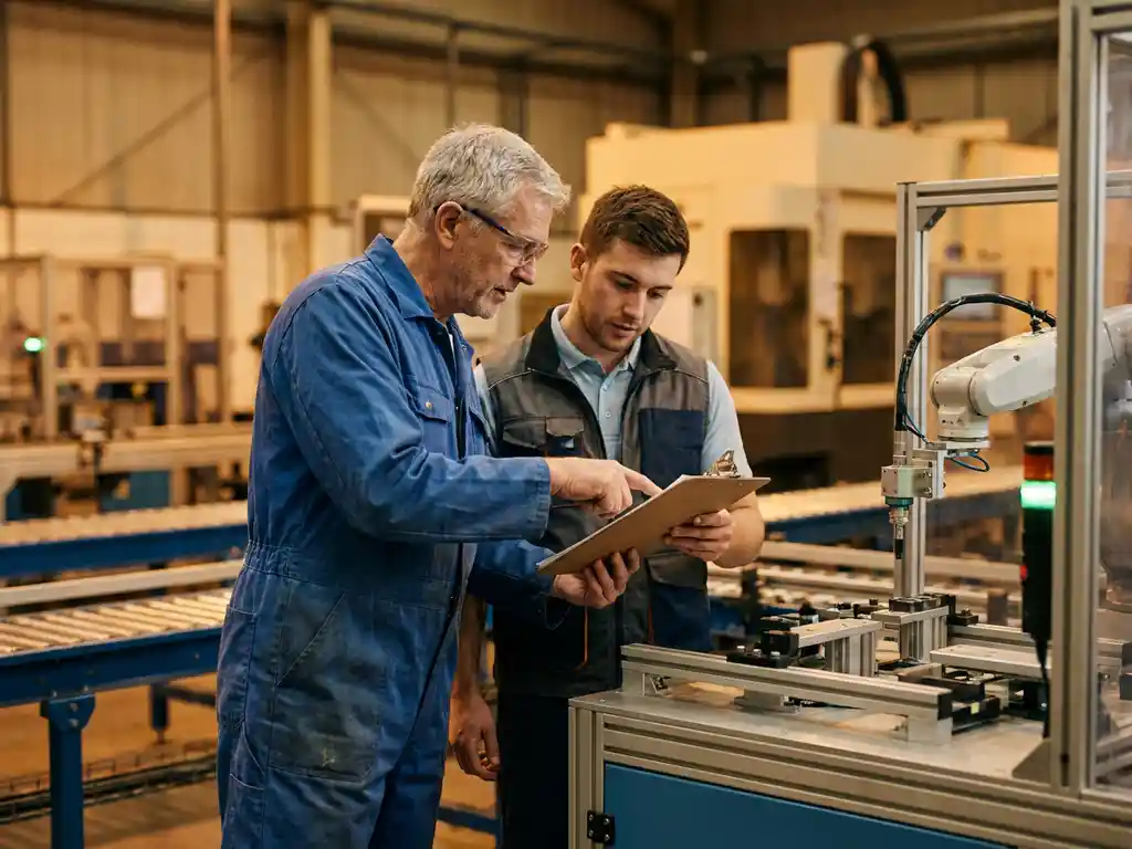 Ervaren ingenieur in blauwe overall bespreekt met jonge technicus bij robotassemblagelijn, één houdt klembord vast, warme werkplaatsverlichting.
