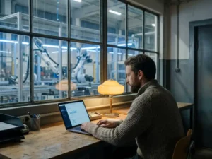Ingenieur bewaakt op laptop een actieve fabrieksvloer met robotarmen en transportbanden, warm bureaulicht contrasteert met blauwe industriële verlichting.