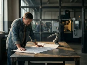 Projectmanager bestudeert fabrieksplattegrond op stalen werktafel met miniatuur robotarm, industriële machines zichtbaar op achtergrond.