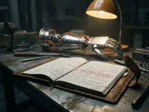 Versleten leren notitieboek op stalen werkbank met rood omcirkelde deadline, robotarm op de achtergrond, fabriekslicht.