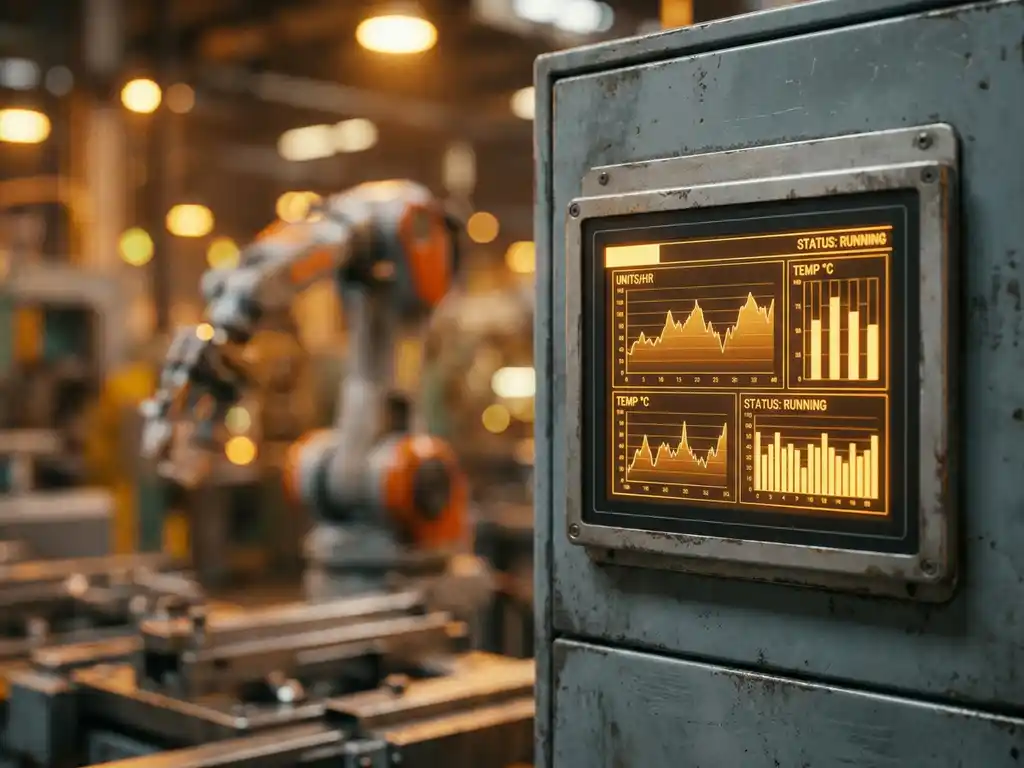 HMI-touchscreen op industriële machine toont realtime productiegrafieken, met autonome robotarm op de achtergrond van een actieve fabrieksvloer.