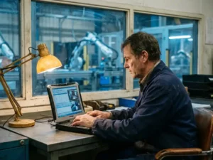 Ingenieur bewaakt productielijn op robuuste industriële laptop, lopende band en robotarm zichtbaar door fabrieksraam op achtergrond.