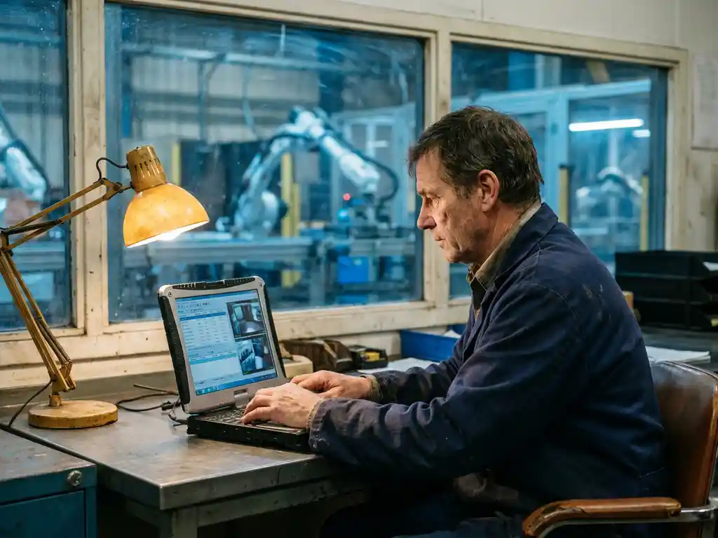 Ingenieur bewaakt productielijn op robuuste industriële laptop, lopende band en robotarm zichtbaar door fabrieksraam op achtergrond.