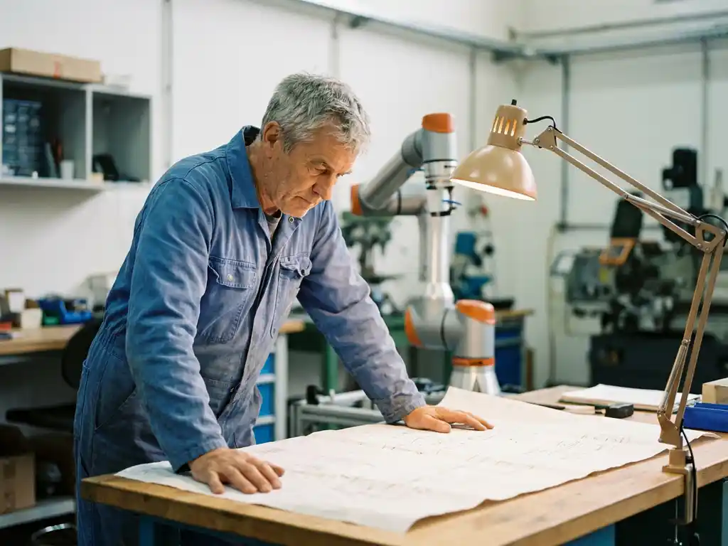 Ingenieur in blauwe overall bestudeert projectblauwdruk op werktafel, met collaboratieve robotarm op de achtergrond in industriële werkplaats.