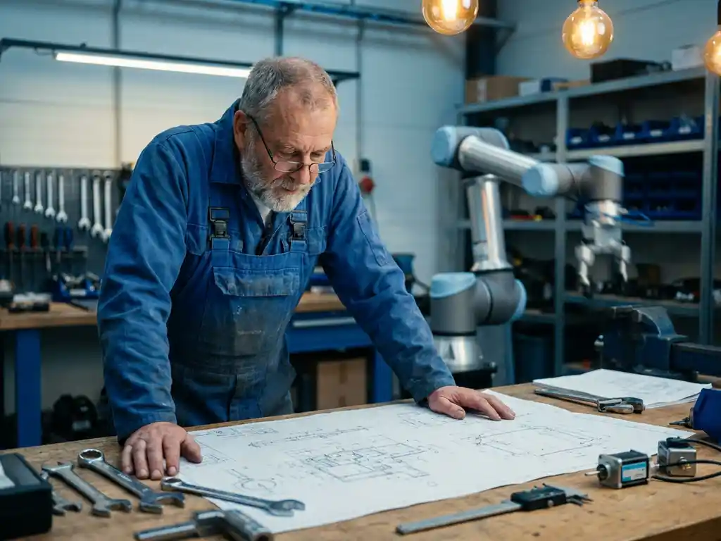 Ervaren ingenieur in blauwe overall bestudeert technische blauwdruk op werkbank, met collaboratieve robotarm op de achtergrond.