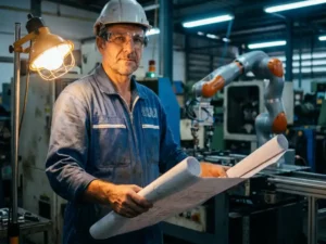 Mannelijke ingenieur in blauwe overall en veiligheidsbril bestudeert technische blauwdrukken op industriële werkvloer met collaboratieve robotarm op achtergrond.